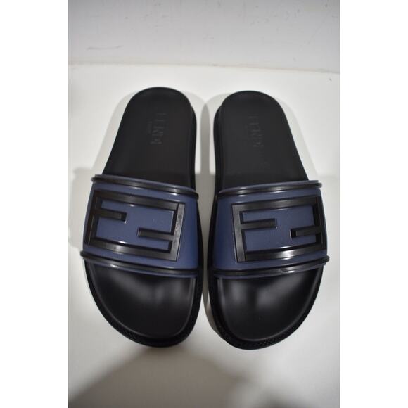 Fendi Mens Baguette Rubber Blue Black Logo Flat Slide Sandal Flip Flop UK 7 US 8 - Picture 4 of 12